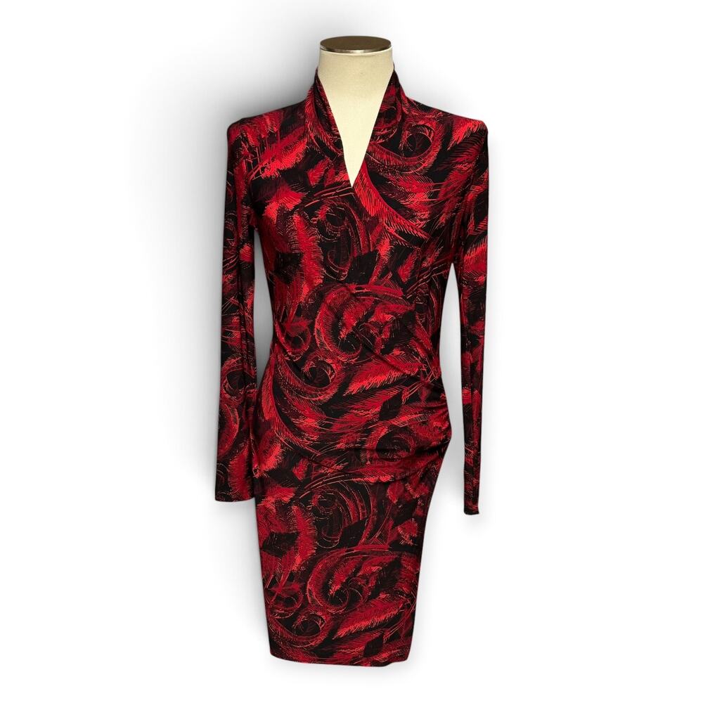 Norma Kamali Feather Print Faux Wrap Stretch Jersey Dress Red Black Small